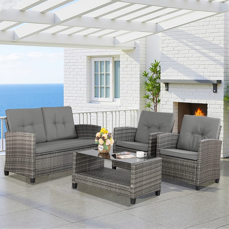 Outdoor 4-Piece Wicker Patio Conversation Sofa Set - N/A