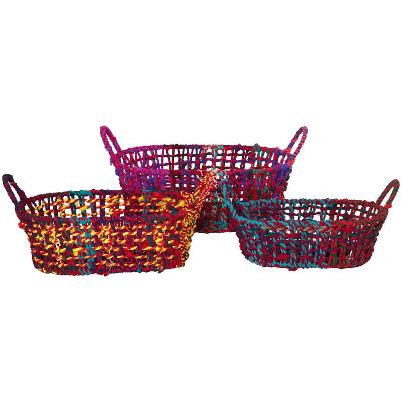 Vibrant Cotton Fabric Handmade Storage Basket with Handles (Set of 3) - Multi Colored, Gray, White