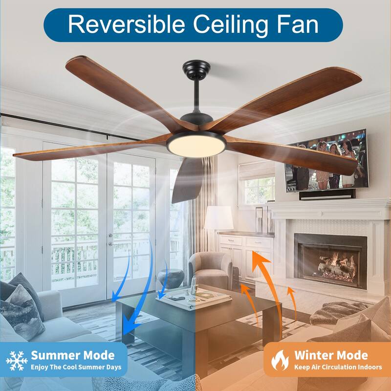 72-inch Large Outdoor Ceiling Fan with Remote Control and Light with Three-Color Dimming, 5 Reversible Wooden Blades