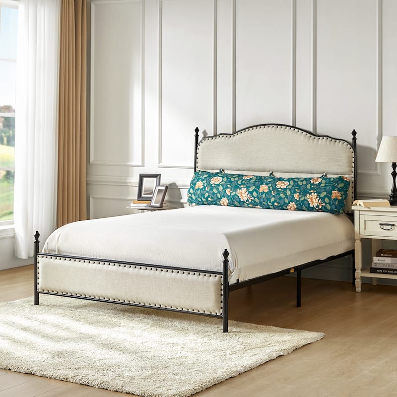Eulalia Transitional Upholstered Platform Metal Bed Frame Four Poster Bed with High Headboard&Pillow