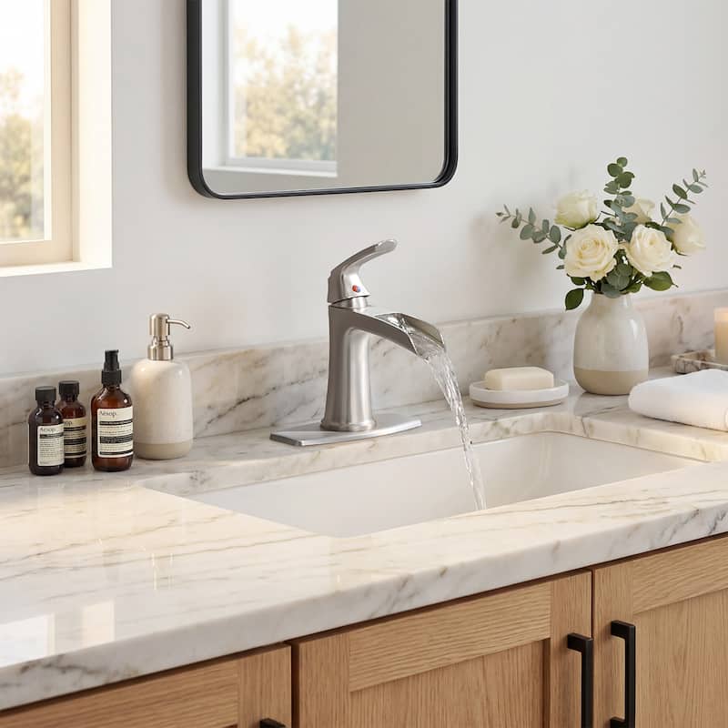 Single hole 1-handle Waterfall Handle Bathroom Sink Faucet with Drain with Deck Plate - Brushed Nickel