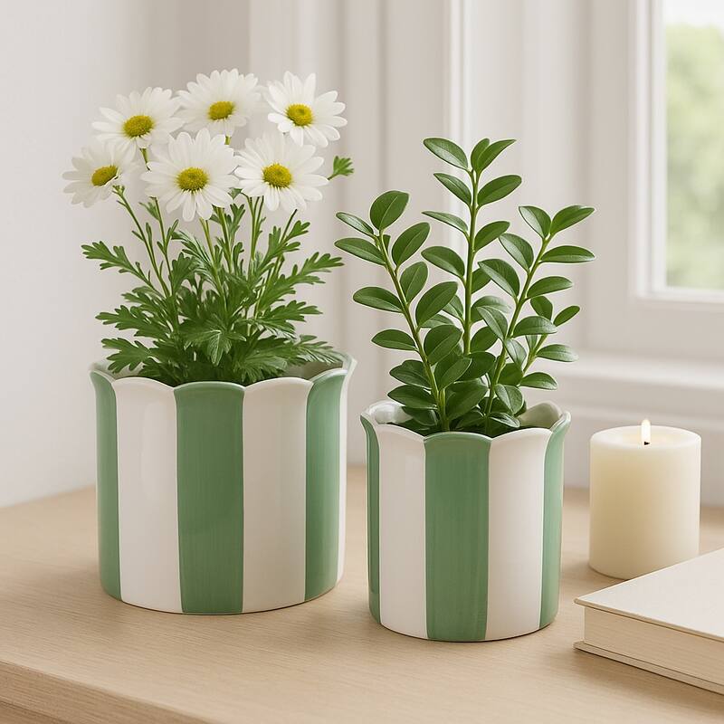 Ceramic Striped Flower Pots with Scalloped Edge - Set 2, 8", 6" - 8.0"