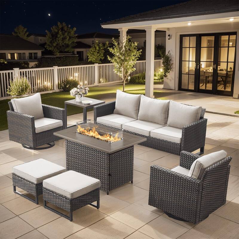 Outdoor Sofa Swivel Chairs Ottomans and Fire Pit Table - Brown - Beige