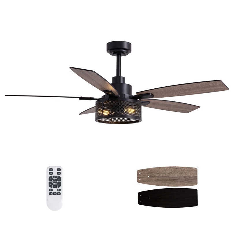 52 Inch Farmhouse Ceiling Fan with Light and Remote Black Industrial Caged Ceiling Fans Flush Mount 6-Speed Design for Bedroom