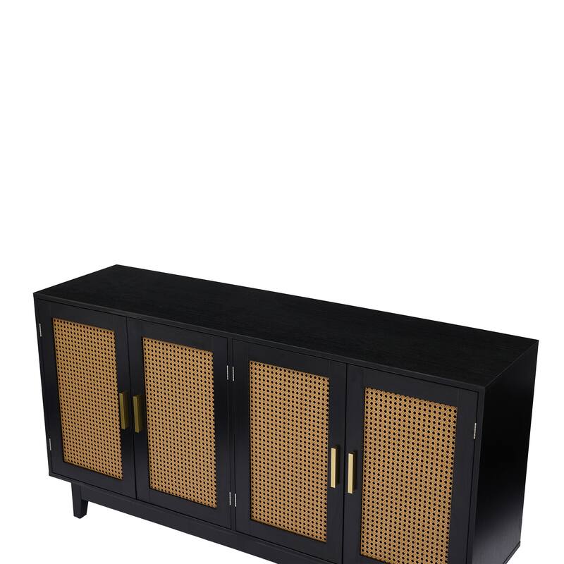 Modern 4 Door Wood Rattan Buffet Sideboard Storage Cabinet