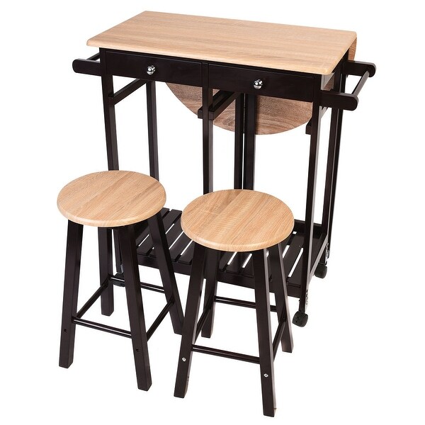Costway 3PC Wood Kitchen Island Rolling Cart Set Dining Drop Leaf Table w/ 2 Stools