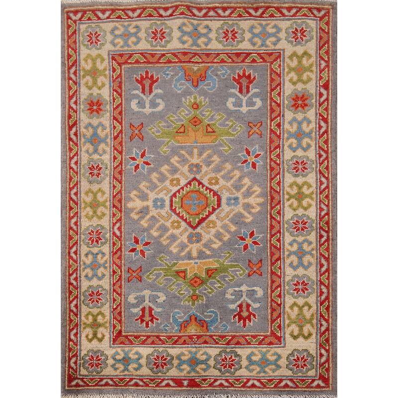 Geometric Gray Kazak Accent Rug Hand-Knotted Wool Carpet - 2'10" x 3'10"