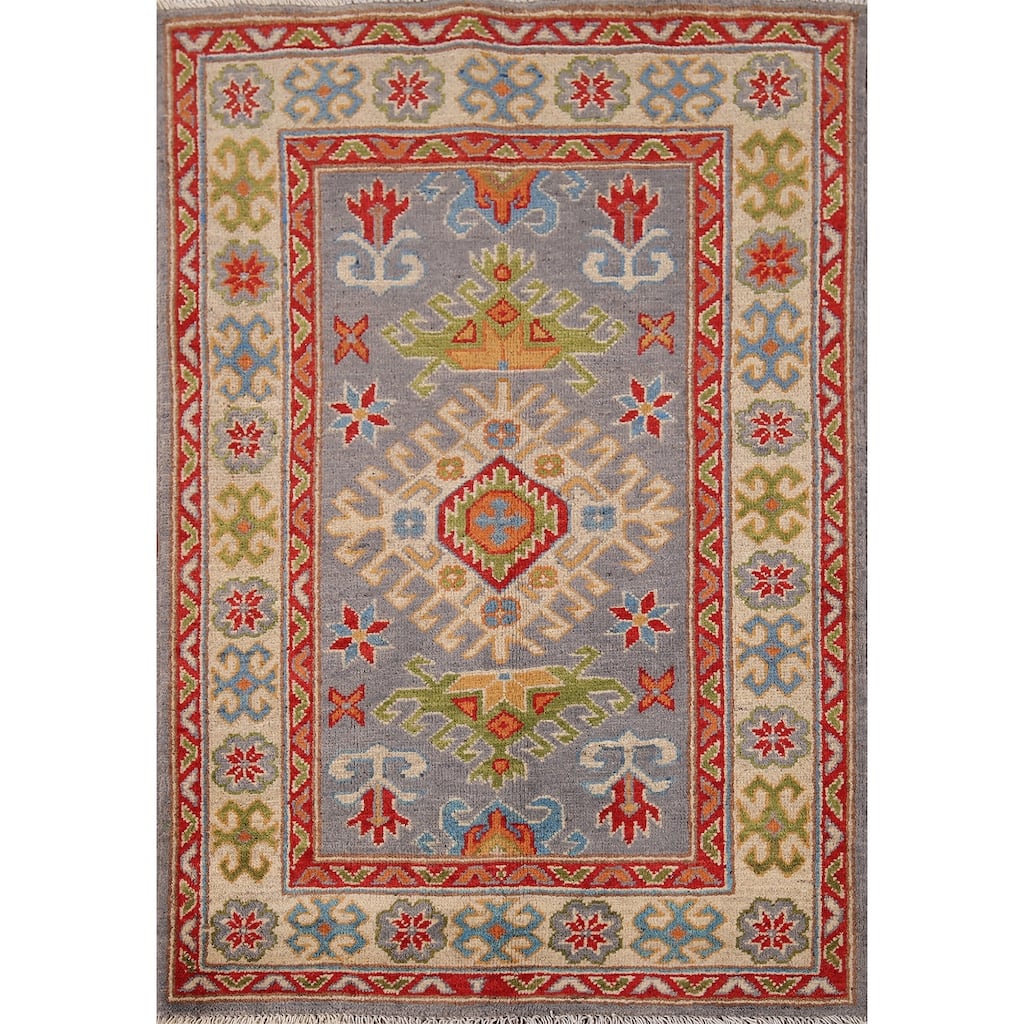 Geometric Gray Kazak Accent Rug Hand-Knotted Wool Carpet - 2'10" x 3'10"