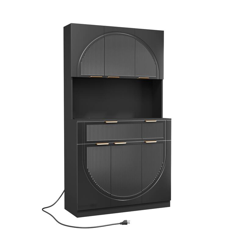 Fluted Kitchen Pantry Storage Cabinet with Microwave Stand, Outlets, Ample Space for Small Kitchens, Apartments & Home Offices