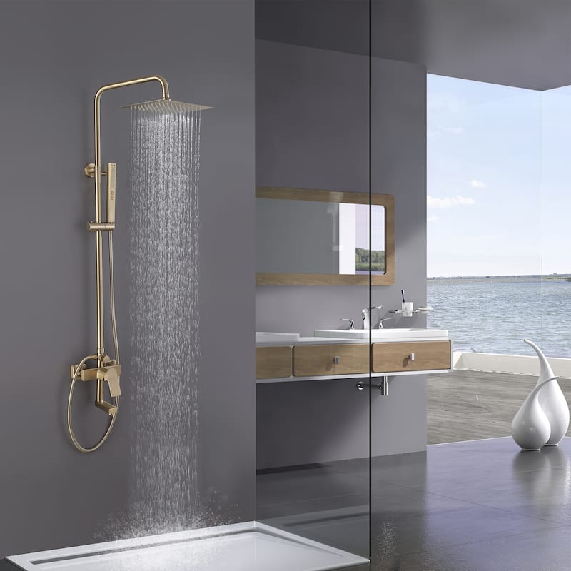 Wall Mounted 10" Rainfall Shower System With Bathtub spout - Brushed Gold