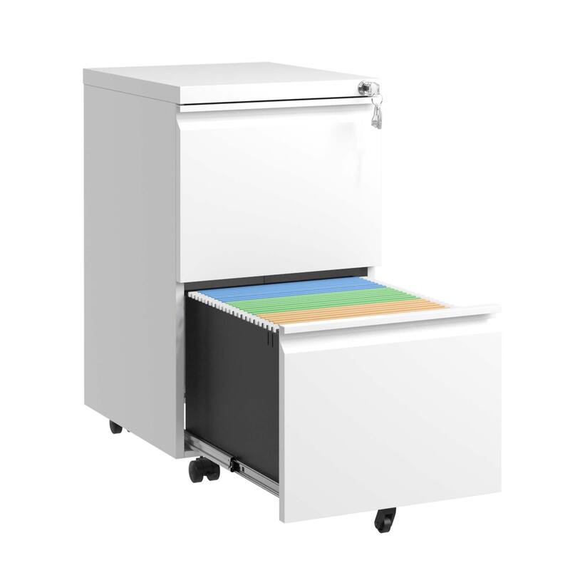 Modern Filing Cabinet Mobile Filing Cabinet, Metal Filing Cabinet with 2 drawers, 5 casters and lock, for Home Office, White