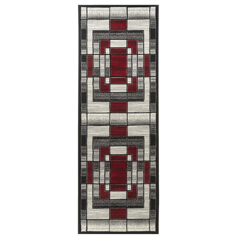 Orelsi Collection Abstract Area Rug with Hand Carved Accents - 2'8" x 8'1" Runner - Grey/Red