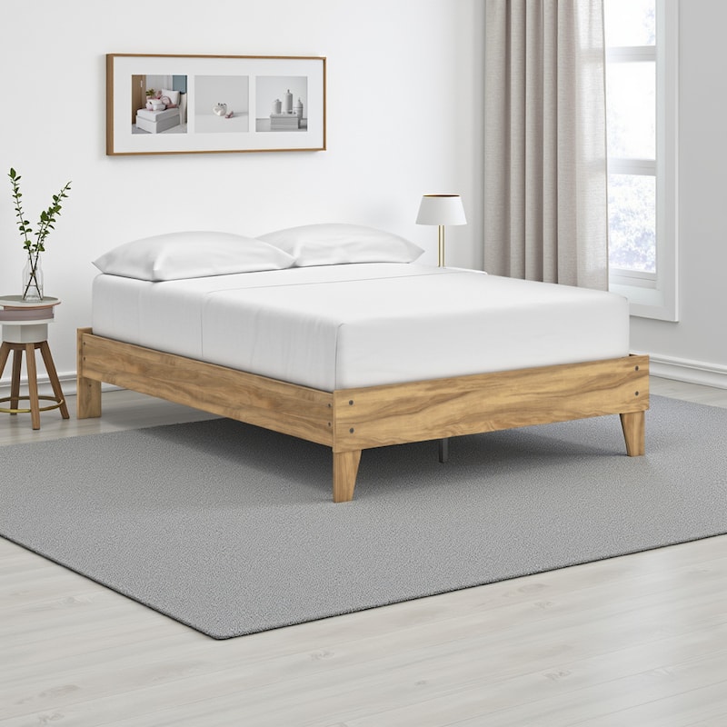 Maci Full Platform Bed, Natural Light Brown Wood, Low Profile Legs
