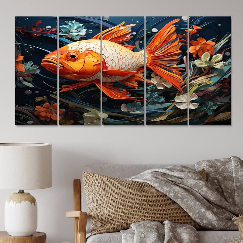 Designart "Geometric Orange Fish I" Animals Multipanel Canvas Print set - 60 In. Wide X 28 In. High - 5 Panels Equal Panels