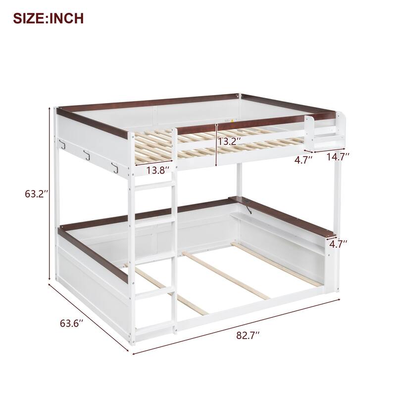 Wooden Queen Bunk Bed with Built-in Bookshelves, USB Port, LED Light, and Storage Box