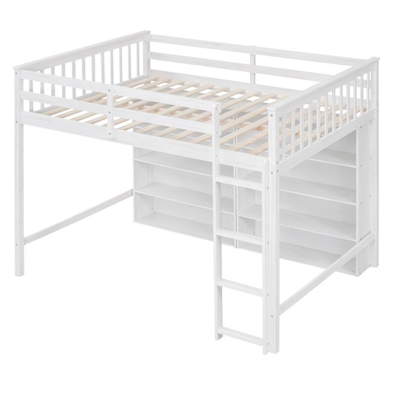 Full Loft Bed with 8 Storage Shelves, Built-in Ladder, and Safety Guardrails - Perfect for Kids' Study and Play Area