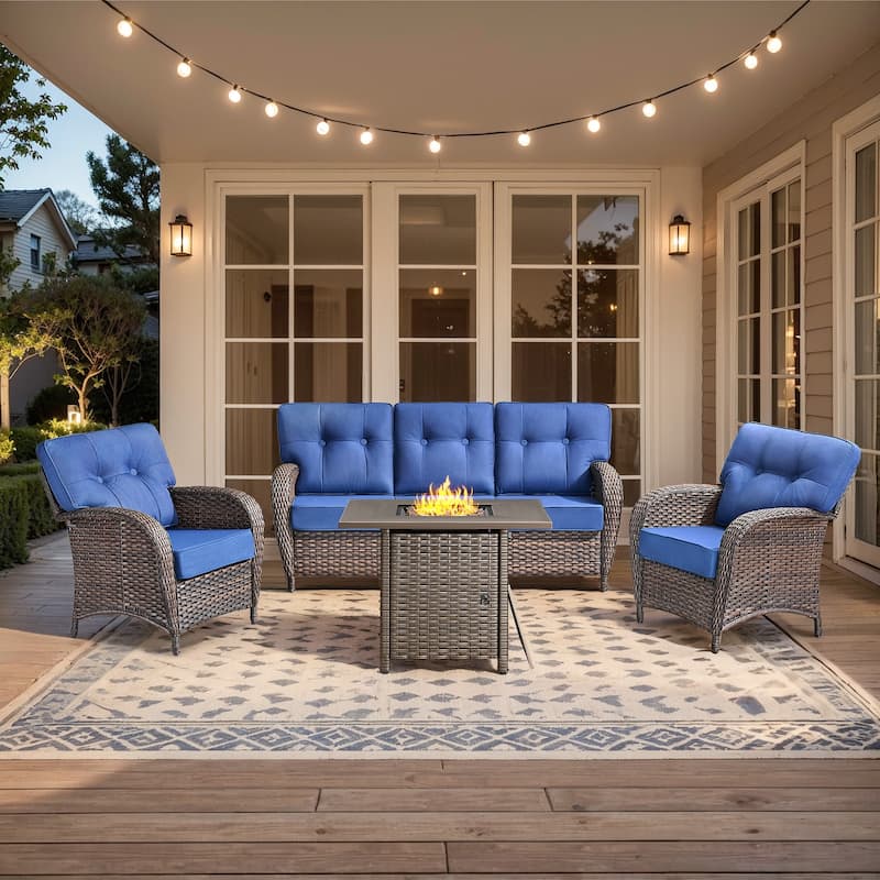 Pocassy Ooutdoor Fire Pit Table with Sofa Patio Chair Set - Brown Wicker & Blue cushion