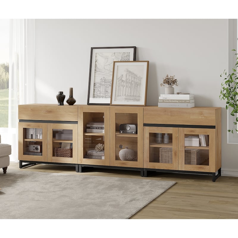 WAMPAT Dresser with Glass Doors, 3 in 1 Modern Chest of Drawers with Adjustable Shelves and 2 Drawers for Bedroom
