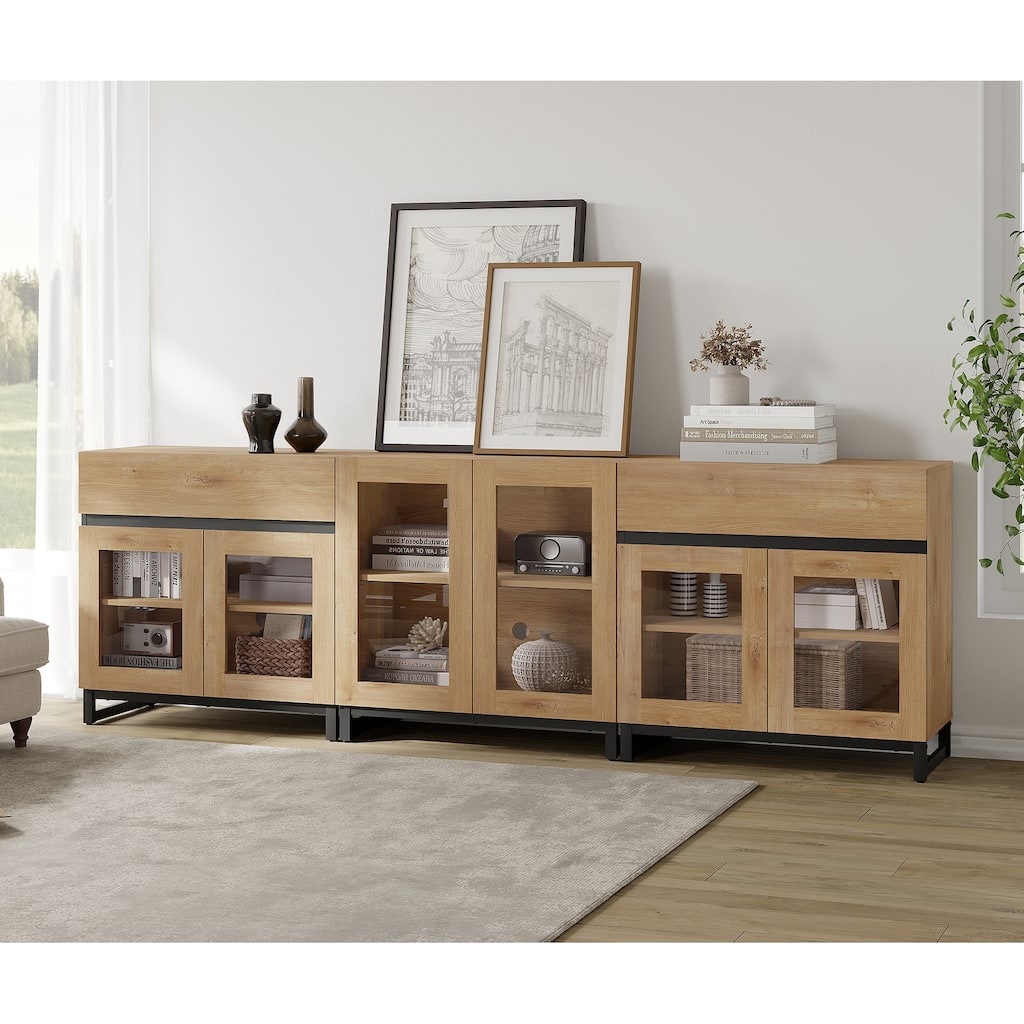 WAMPAT Dresser with Glass Doors, 3 in 1 Modern Chest of Drawers with Adjustable Shelves and 2 Drawers for Bedroom
