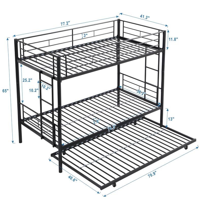 Space-Saving Twin Over Twin Metal Bunk Bed with Trundle, Black - Easy Assembly, No Box Spring Needed