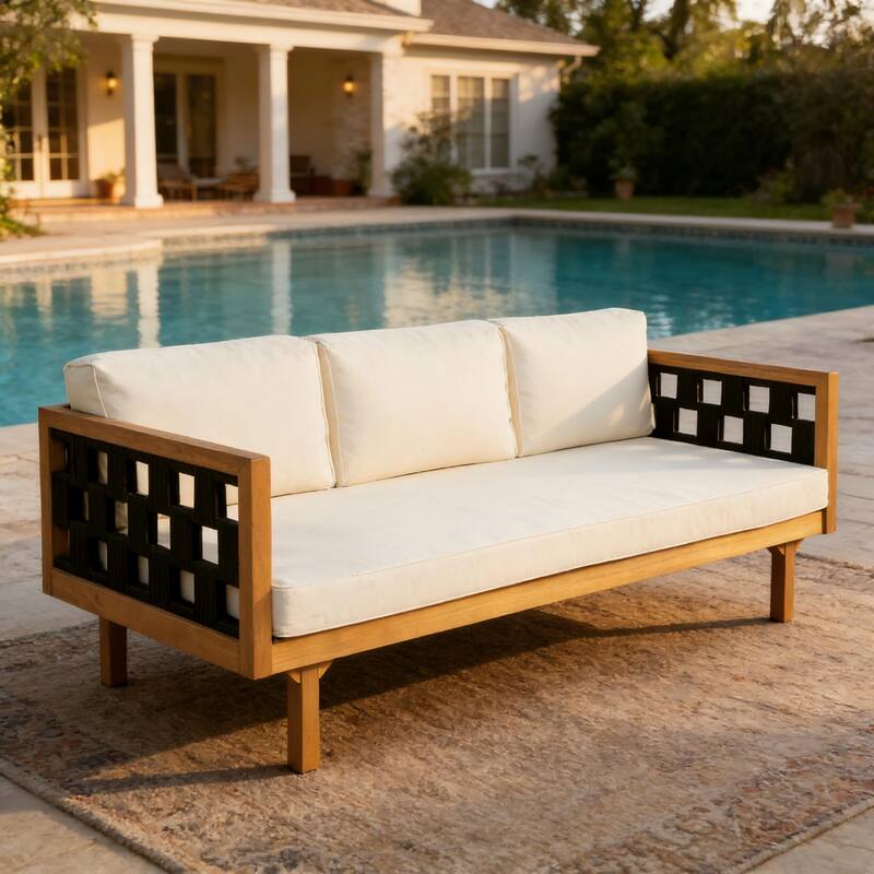 Christopher Knight Home - Claremont Outdoor Acacia Wood Three-Seater Daybed and Round Coffee Table Set