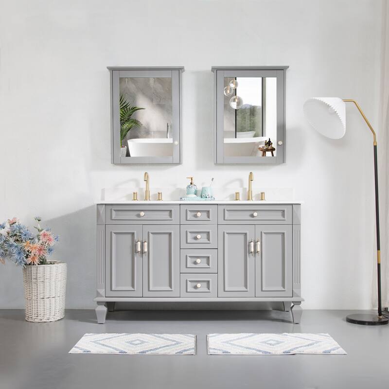 35'' H Solid Wood Bath Vanity with Stain-resistant Carrera White Quartz Top and Double Sink