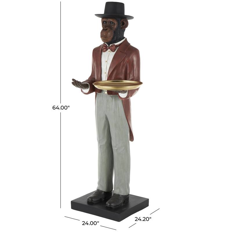 Red Resin Tall Waiter Animal Decorative Sculpture with Gold Accent and Square Base