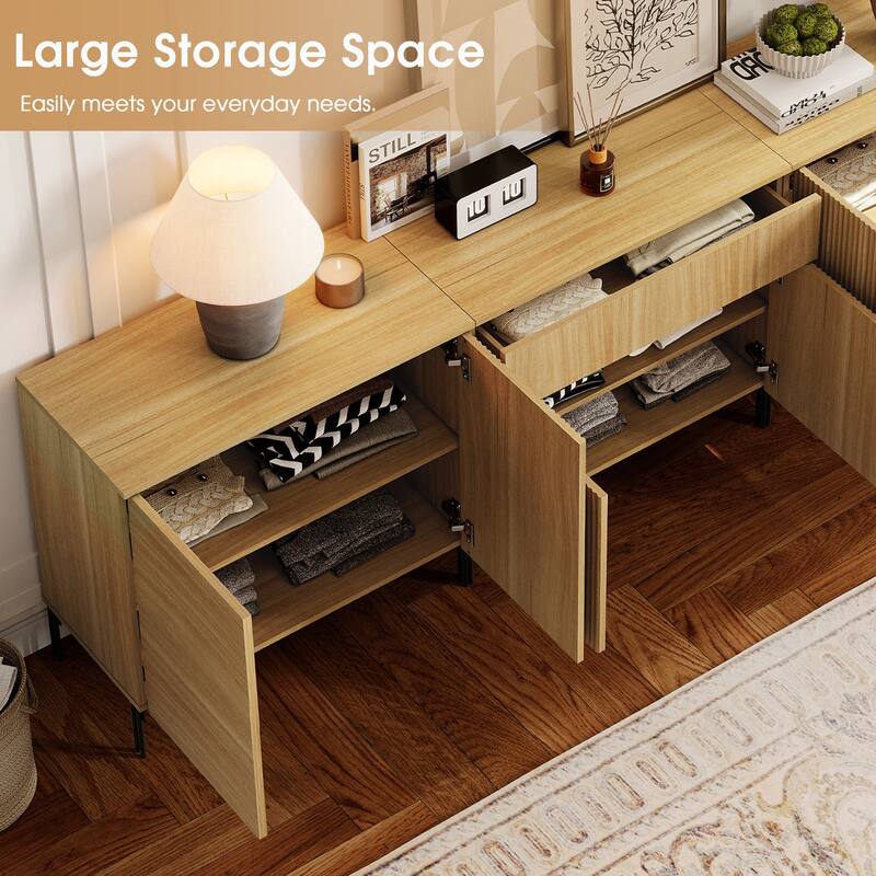 126" Modern Reeded Drawer Dresser Set With Doors, Minimalist Chest Of Drawers With Storage