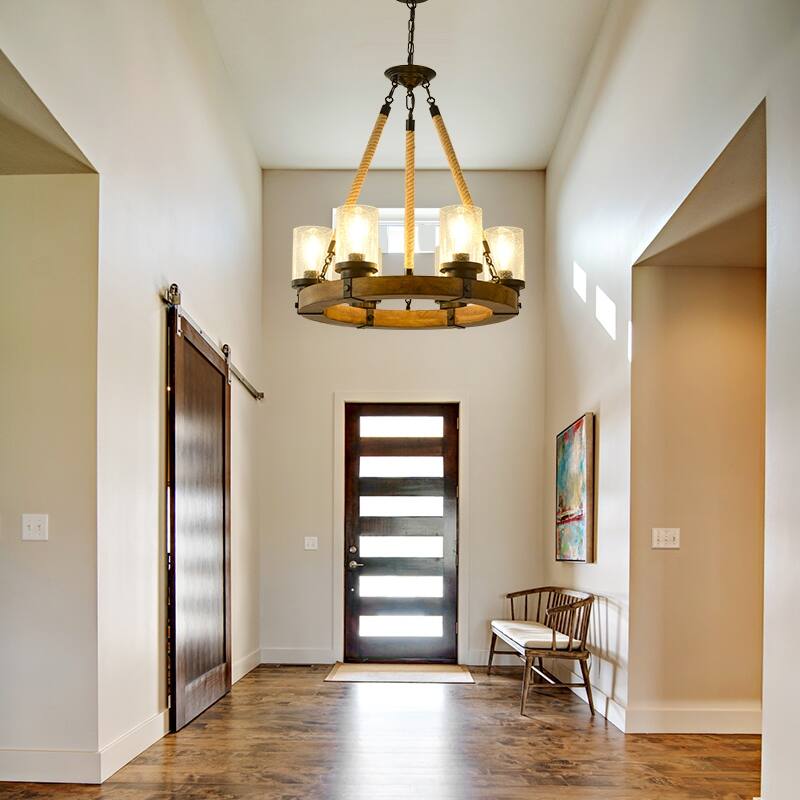 Wood Wagon Wheel Chandelier Farmhouse 6 Light with Seeded Glass Shade - 21.6inch