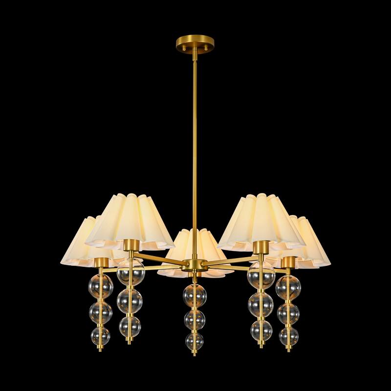 Rennnsan 5-Light 35 in. Transitional Gold Chandelier with Clear Glass Orbs and Fabric Shades - 34.6 in. Dia x 16.1 in. H