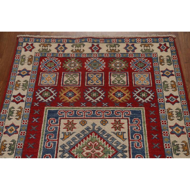 Red Traditional Geometric Kazak Oriental Wool Runner Rug Hand-knotted - 2'9" x 9'9"