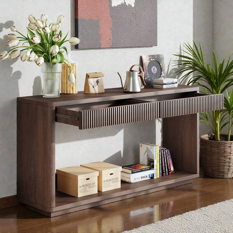 60" Modern Fluted Console Table with 2 Drawers, Natural Wood Veneer Sofa Table for Living Room Hallway Entryway