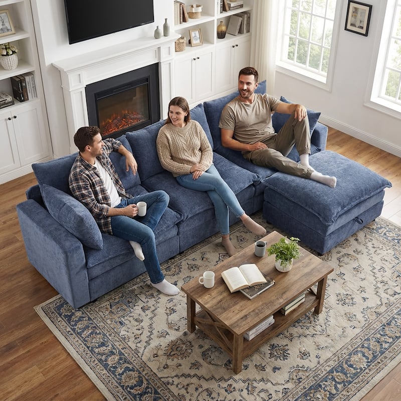 Modular Sectional Sofa for Living Room, U-Shaped Sofa Couch with Corduroy Fabric, 3/4 Seat Oversized Couch with Movable Ottoman