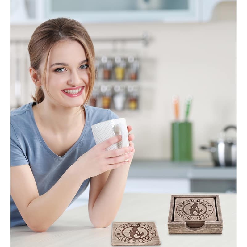 CoTa Global Driftwood Mermaid Coasters with Holder - Set of 6 - 4.9Lx4.9Wx1.5H inches