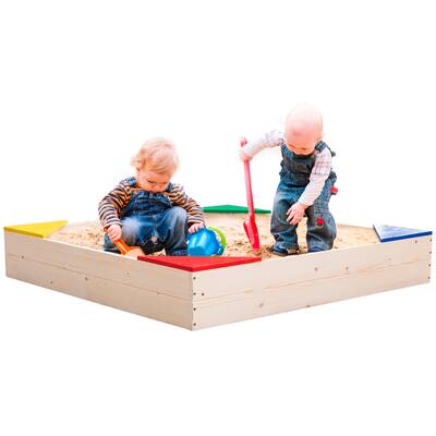 Outdoor Wooden Sand Box with Floor Cover and Waterproof Protection Cover, Square Sandpit for Kids
