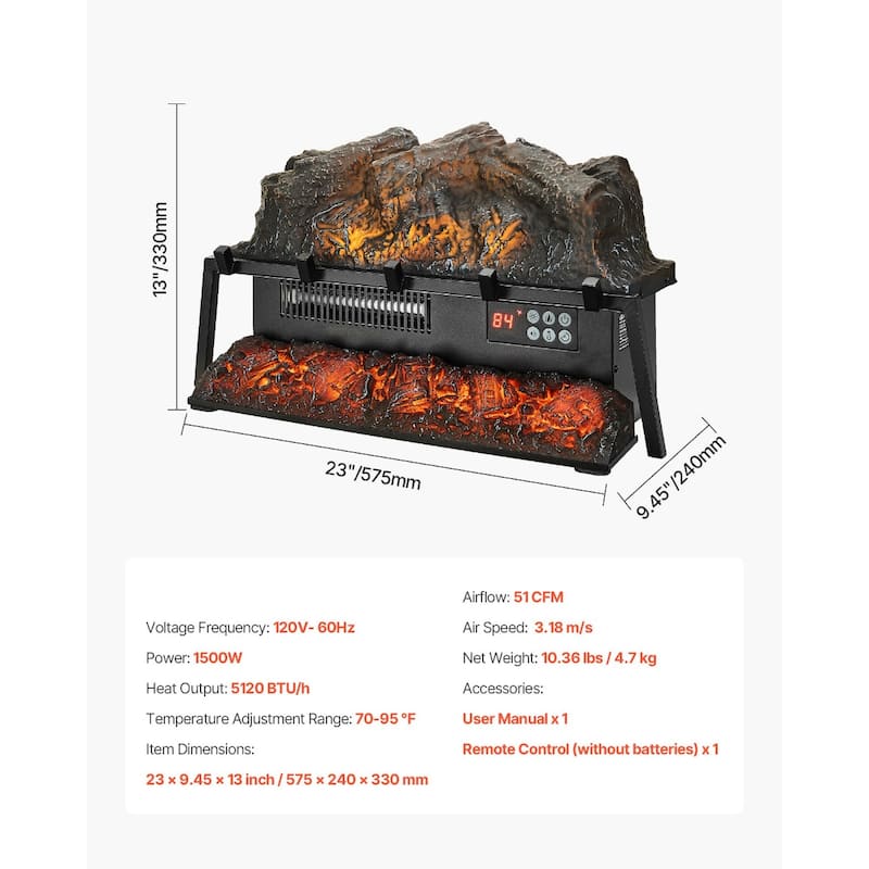 1500W Electric Log Heater with Timer and Remote Adjustable Brightness