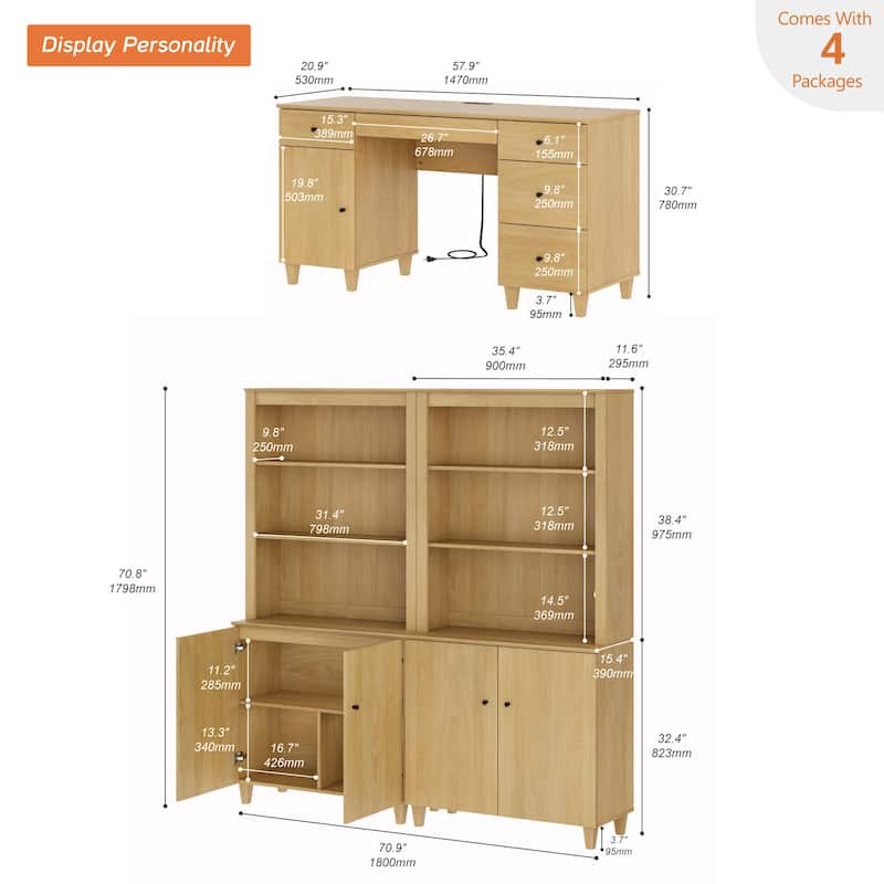 WAMPAT Home Office Furniture Set, 58" Executive Desk with Cabinet, 2-Column 71" Tall Bookcase with Doors and Adjustable Shelves