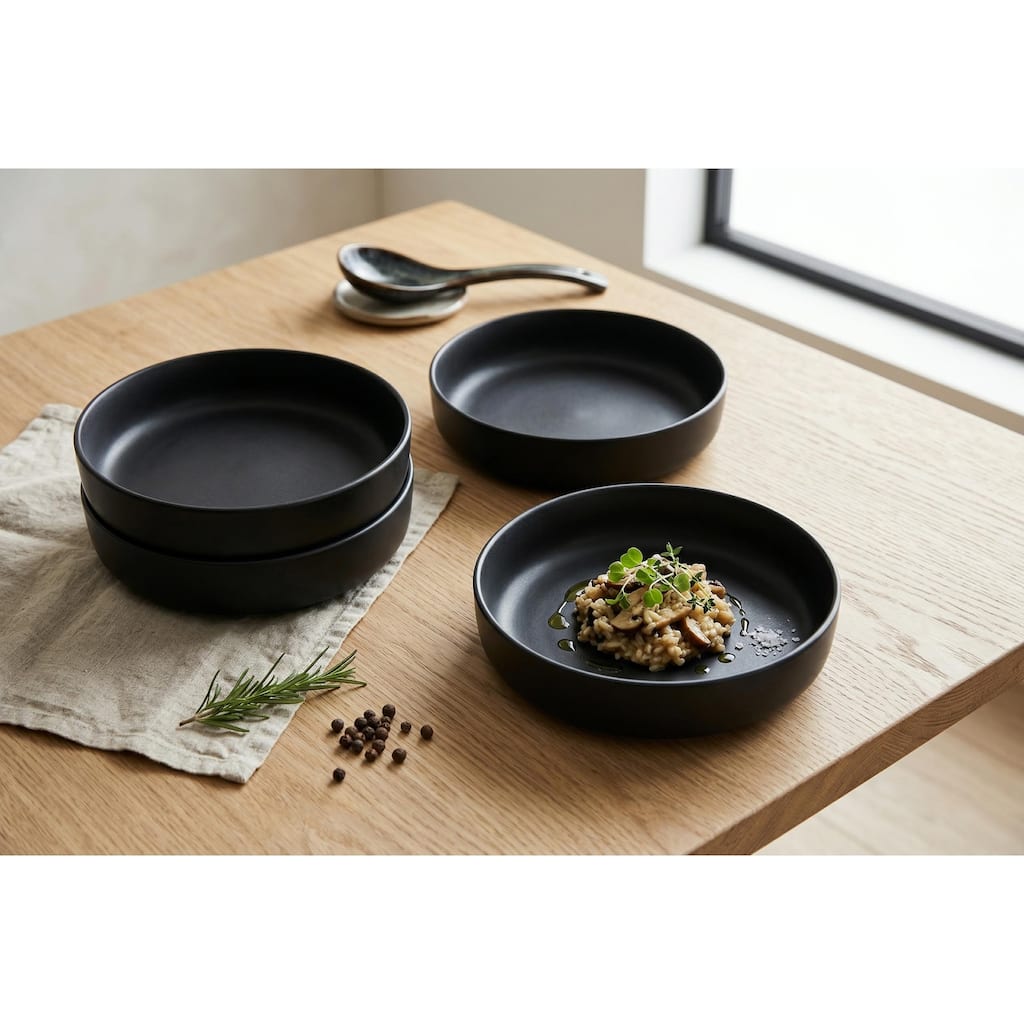 S&CO Gourmet Lisbon Set of 4 Black Stoneware Pasta Bowls, 8.6-inch Large Dinner Bowls for Salad and Soup, Modern Matte Finish