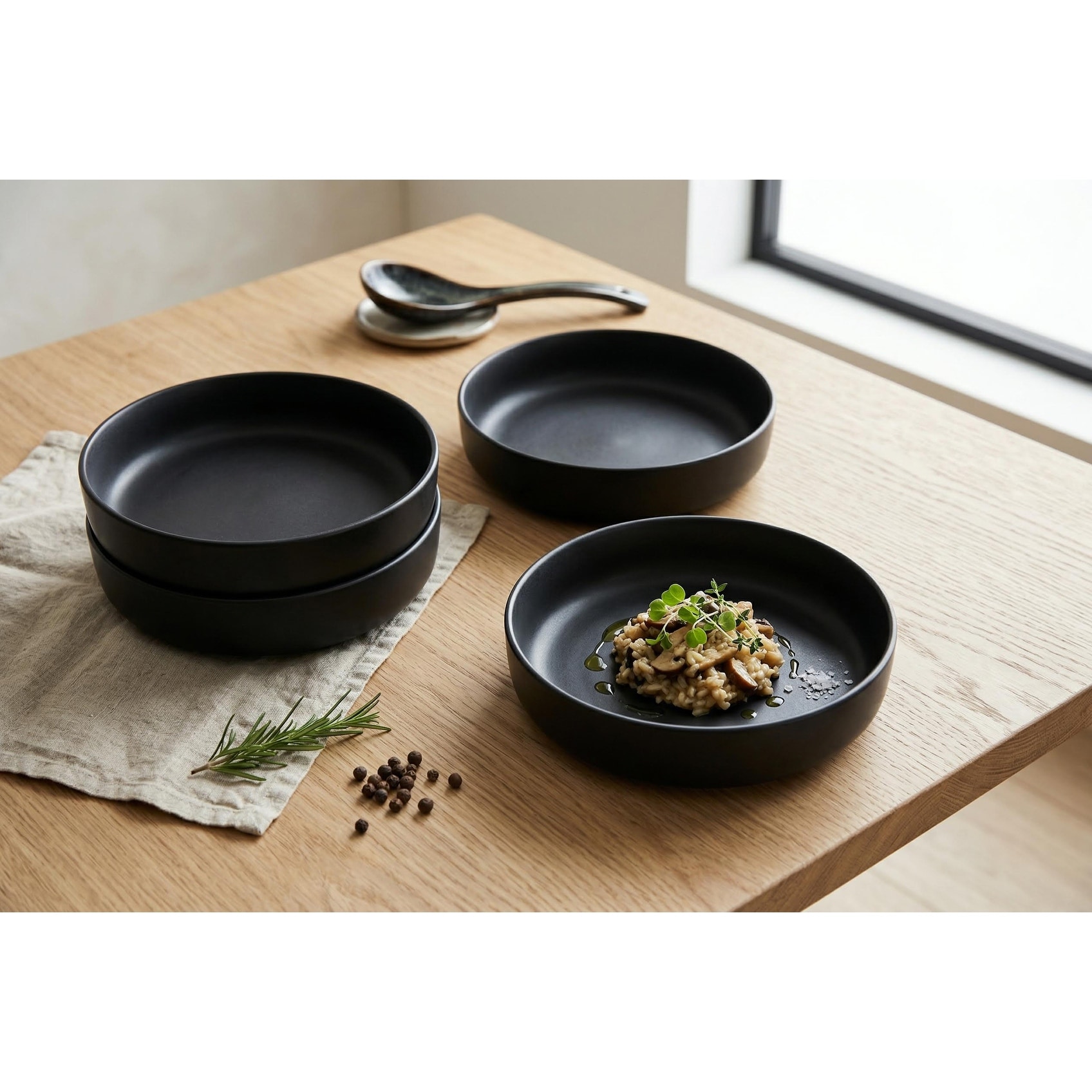 S&CO Gourmet Lisbon Set of 4 Black Stoneware Pasta Bowls, 8.6-inch Large Dinner Bowls for Salad and Soup, Modern Matte Finish