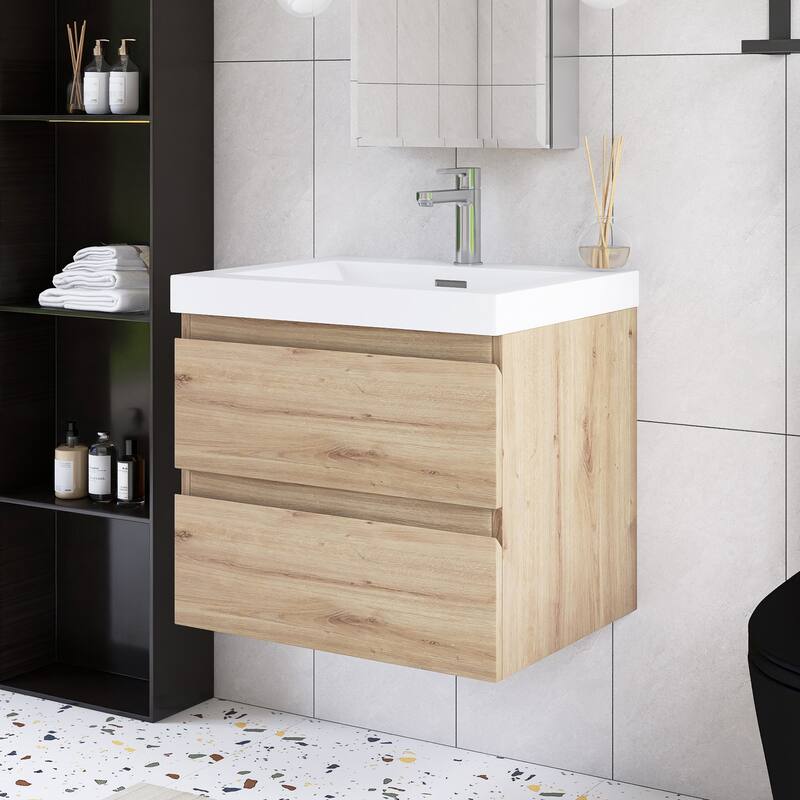 Angela Wall Mounted Bathroom Vanity in F. Oak with White Cultured Marble Top