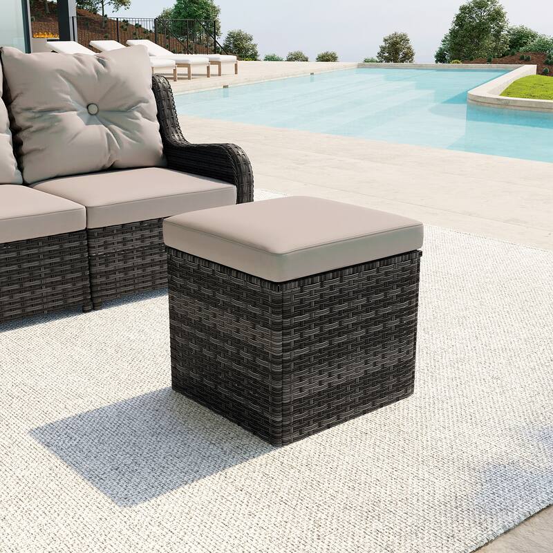 Outdoor 17.7" W Square Rattan Ottoman Patio Ottoman with Seat Cushion