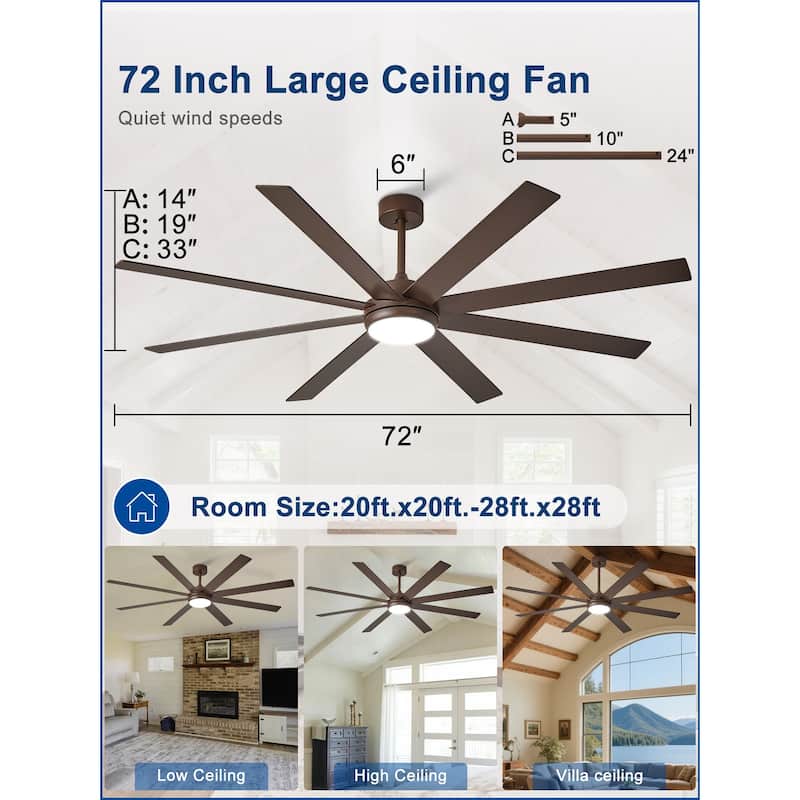 Large Ceiling Fan with Light - 8-Blade, Remote App Control, Dimmable 3CCT, Quiet DC Motor​, 66/72 Inches