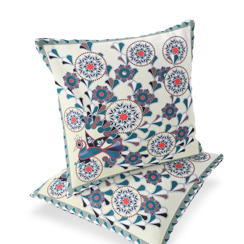 HomeRoots Set of Two 16" X 16" Black and Off White Peacock Blown Seam Floral Indoor Outdoor Throw Pillow