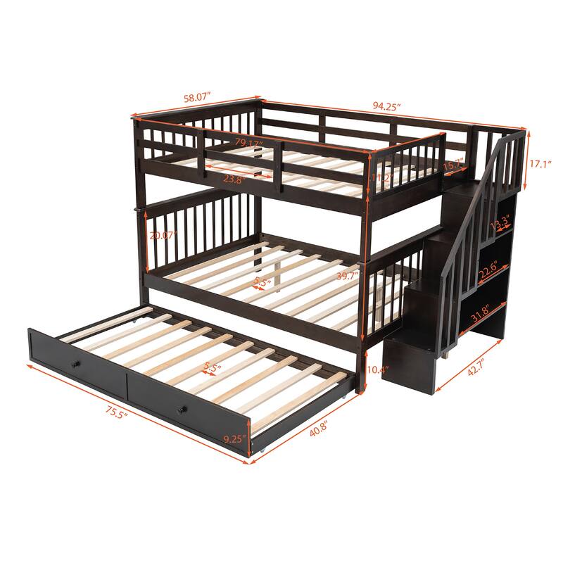 Stairway Full-Over-Full Bunk Bed with 1 Twin Trundle, 4 Open Shelves and Guard Rail