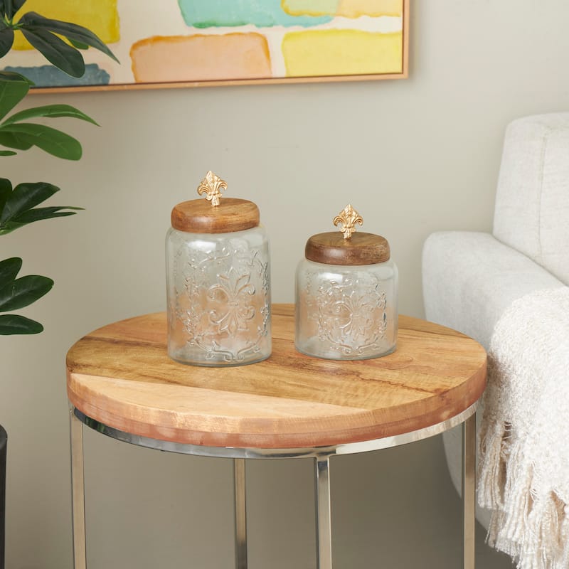 Clear Glass Scroll Living Room Decorative Jars with Brown Wooden Lids and Gold Fleur-De- Lis Knobs (Set of 2) - Clear