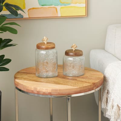 Clear Glass Scroll Living Room Decorative Jars with Brown Wooden Lids and Gold Fleur-De- Lis Knobs (Set of 2)