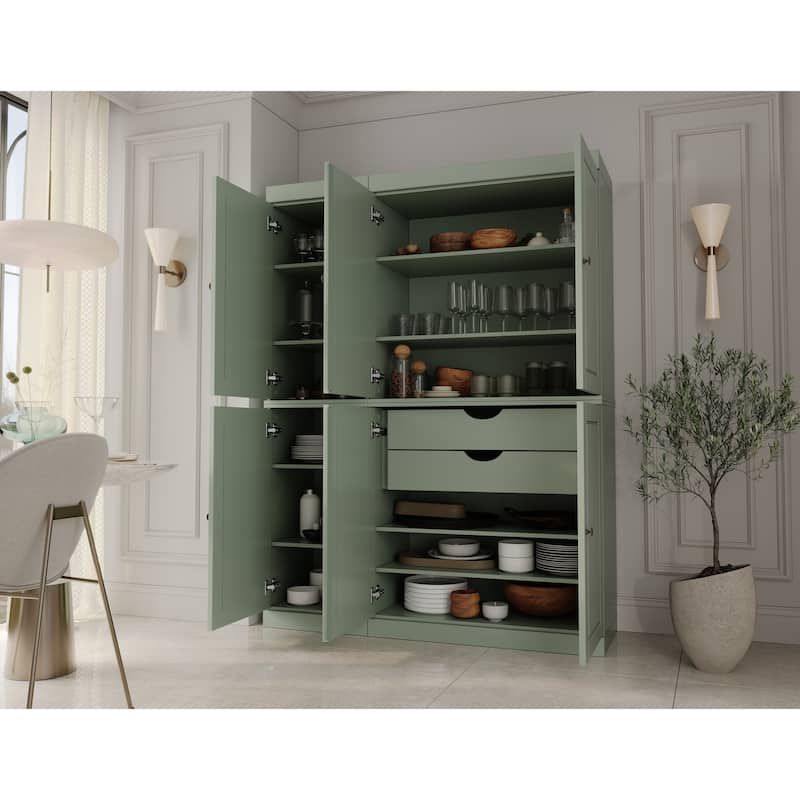 Palace Imports 100% Solid Wood China Pantry with Glass or Solid Wood Doors and 2-Drawers - 48.5" x 71.5" - Sage - Solid