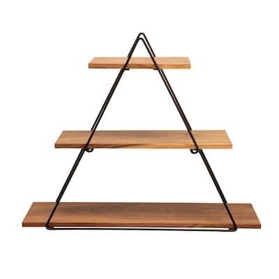 Sagebrook Home 20" Wooden Triangle Shelf with Metal Frame, 3 Tiered Wall Shelf in Brown, Rustic Farmhouse Storage
