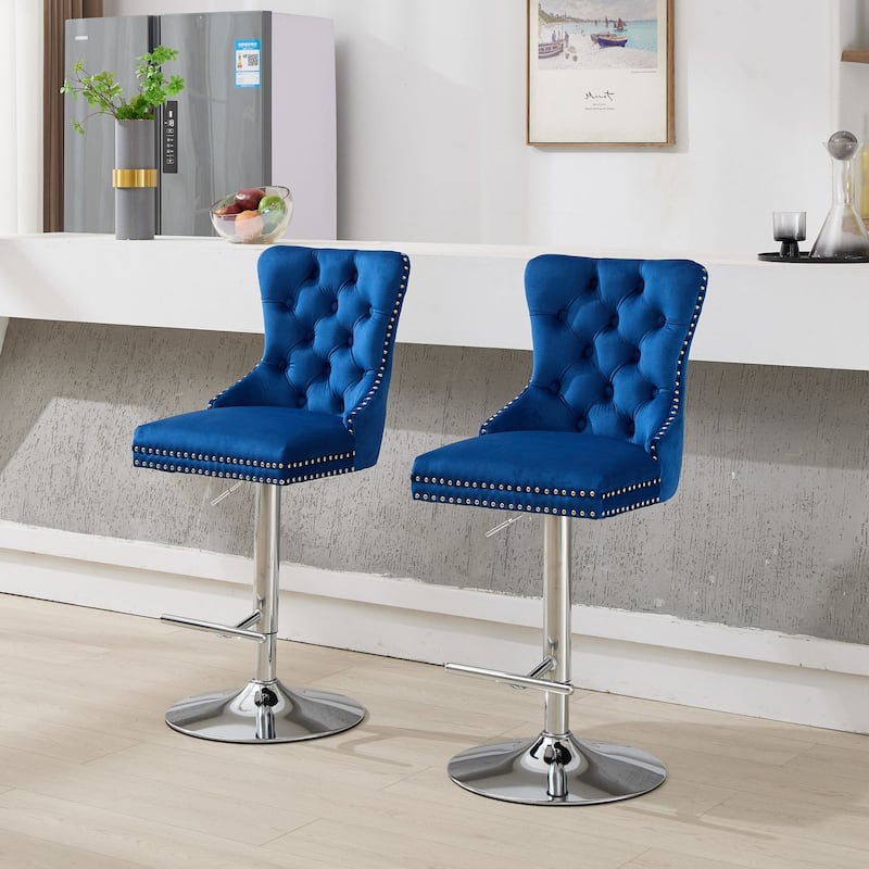 GDF Studio - Modern Adjustable Swivel Velvet Barstools with Chrome Base, Tufted Buttons & Diamond Pleating (Set of 2) - Blue