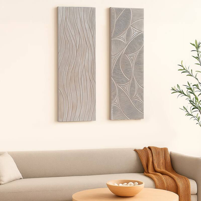 2pc Wood Wall Art Panels 16x48 Inch Abstract Geometric and Wave Pattern Decor Distressed Gray